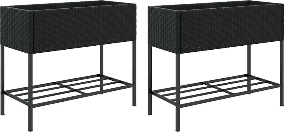vidaXL 2 db fekete polyrattan kerti ültetőláda polccal 90 x 40 x 75 cm