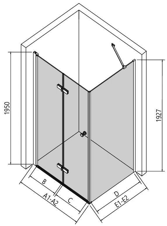 Erga Berlin, zuhanykabin összecsukható ajtóval 75 (ajtó) x 80 (fal) x 195 cm, 6mm átlátszó üveg, fekete profil, ERG-V02-BERLIN-D075G080-CL-BK