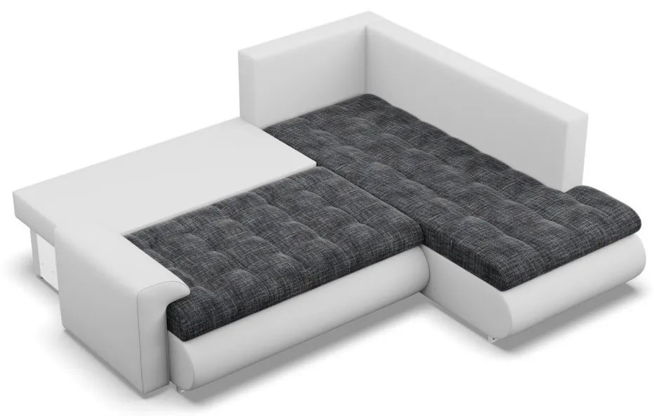 Tokio sarokkanapé, L alakú háttámlával, 2 ágyneműtartóval, fonott + műbőr, jobboldali, sötétszürke - fehér
