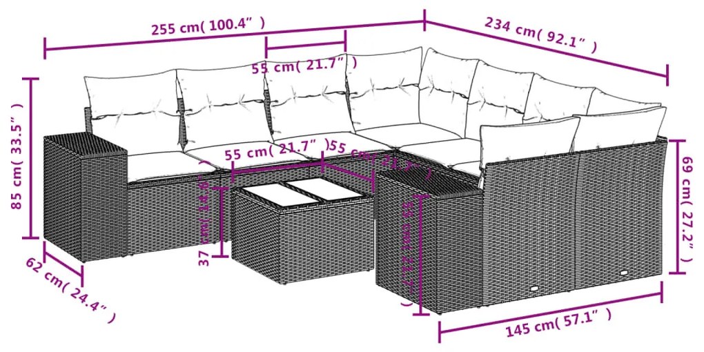 9 részes barna polyrattan kerti ülőgarnitúra párnákkal