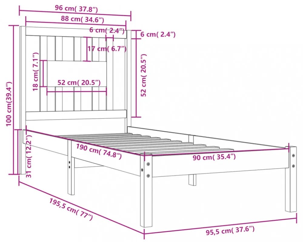 Single tömör fa ágykeret 90 x 190 cm