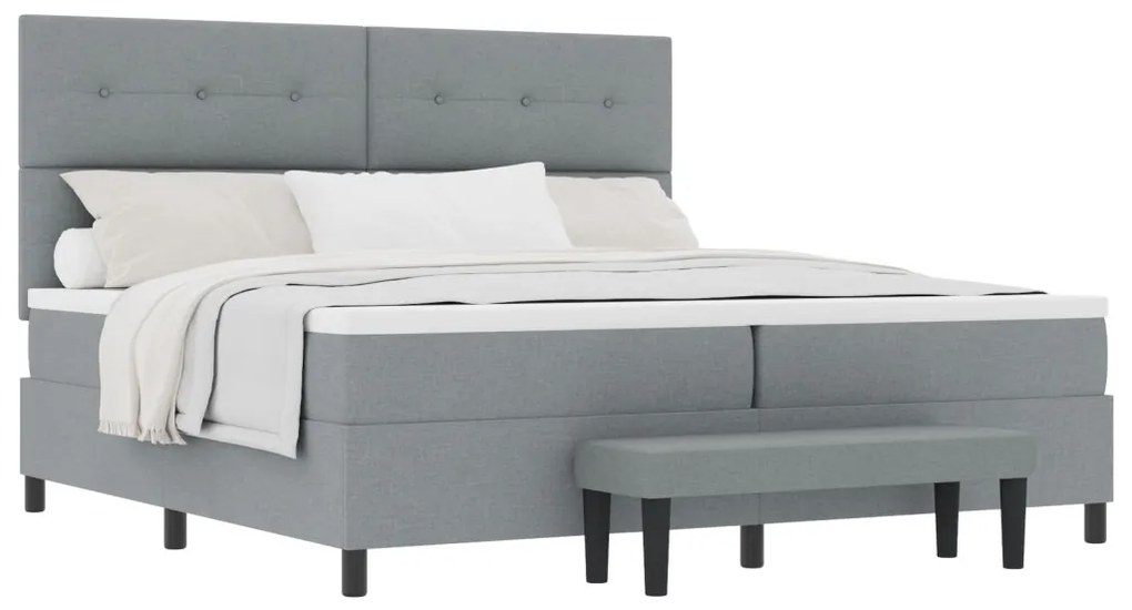 Boxspring ágy matraccal és padal világosszürke 200x200 cm szövet