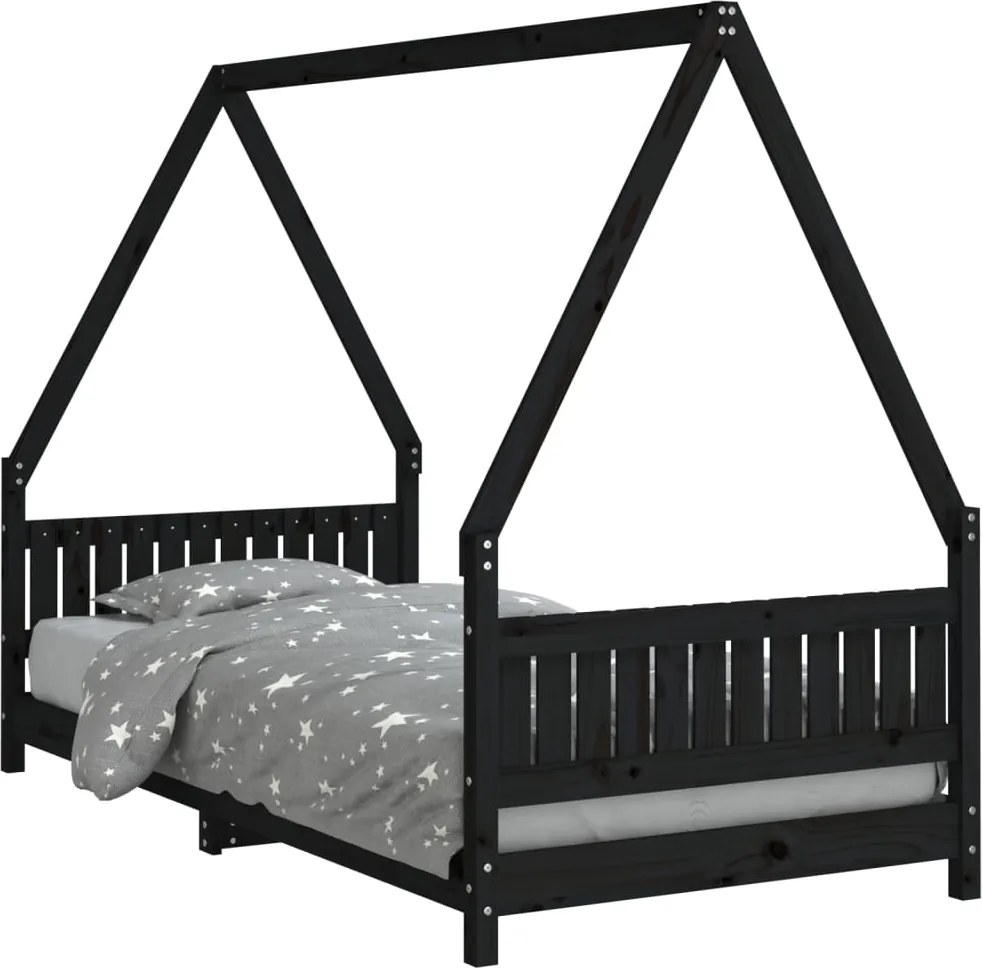 vidaXL fekete tömör fenyőfa gyerekágykeret 90 x 190 cm