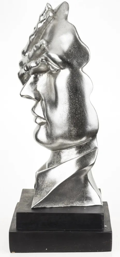 Bond design ezüst emberi arc kézfejjel műanyag mellszobor asztali dekoráció fekete talpon 54x23x23cm