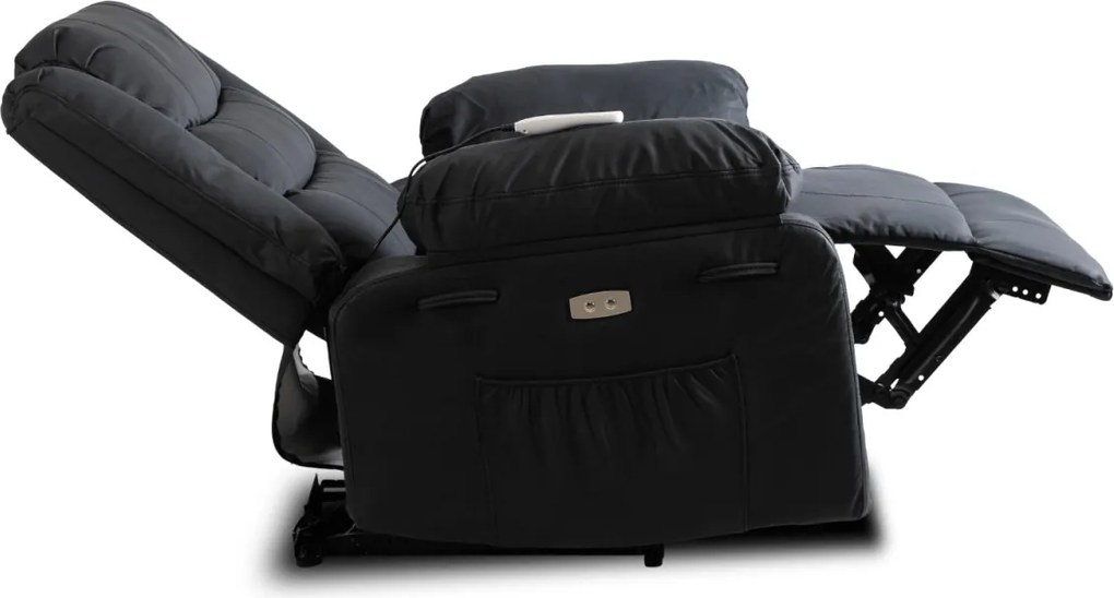 Elektromos masszázsfotel, dönthető fekete ökobőr, JASPER