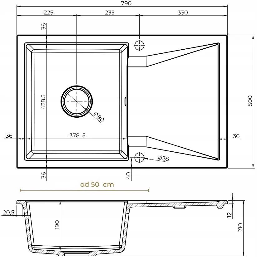 Mosogató Minőségi Obszidián, konyhai gránit mosogató 790x500x210 mm + króm szifon, fehér, SKQ-OBS.W.1KDO.X