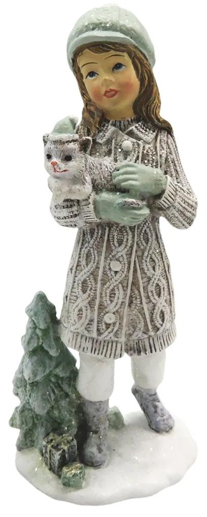 Kislány cicával karácsonyi nosztalgikus dekoráció figura
