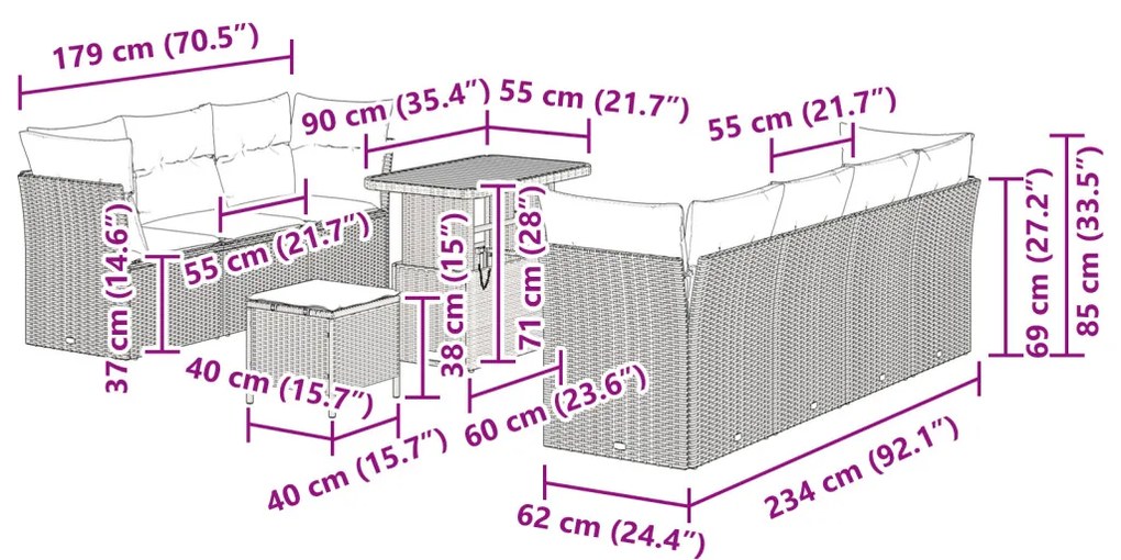 10 db-os kerti kanapé szett párnákkal Fekete Poli rattan Akácia, 3 db-os kerti étkező szett párnákkal Fekete Poli rattan Akácia