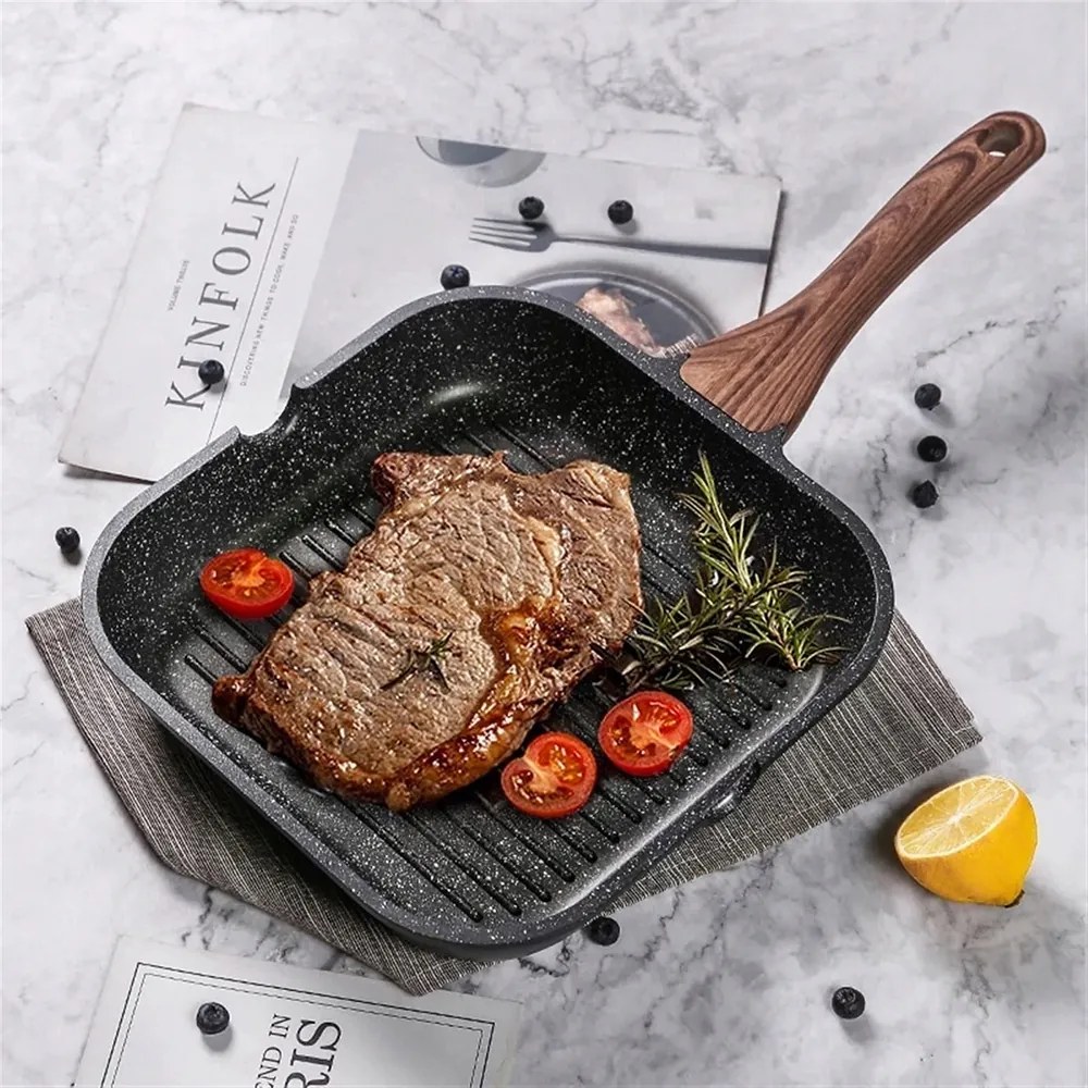 Négyzet alakú grill serpenyő halhús grillezéshez 28 cm, klipsszel