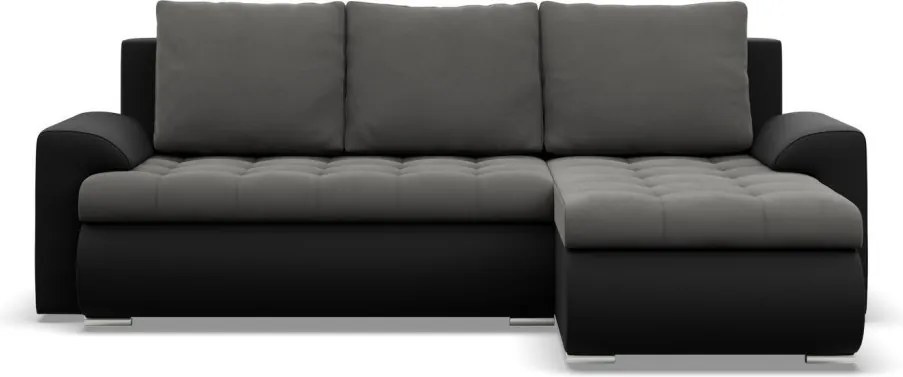 Tokio sarokkanapé, 2 ágyneműtartóval, bársony + műbőr, jobboldali, szürke - fekete