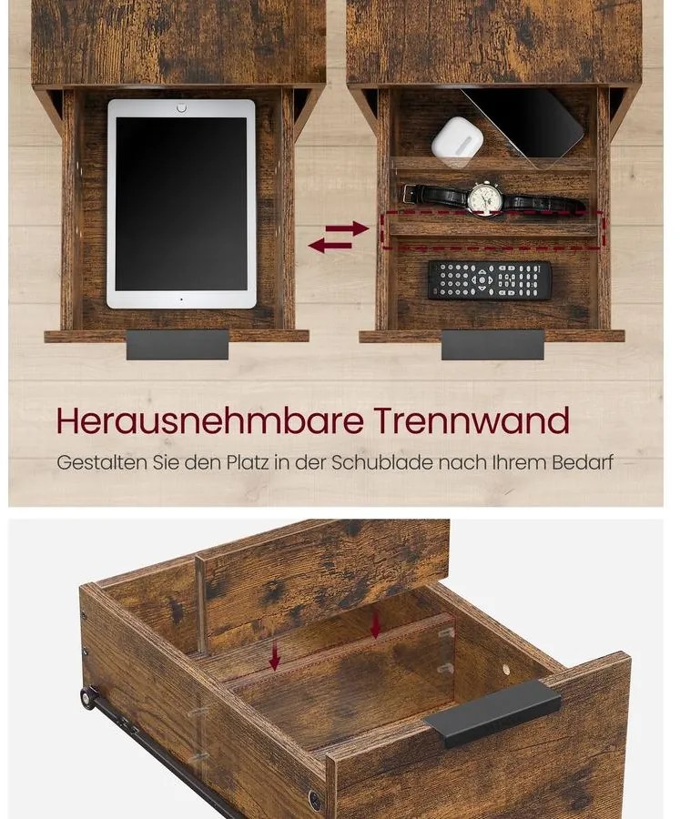 VASAGLE Oldalasztal, éjjeliszekrény beépített elosztóval barna és fekete színben