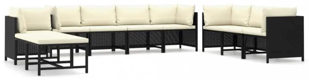 vidaXL 10 részes fekete polyrattan kerti bútorszett párnákkal