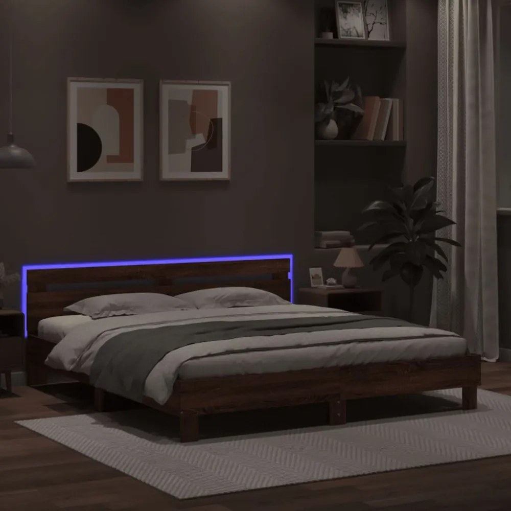 barna tölgy színű ágykeret fejtámlával és LED-del 160 x 200 cm