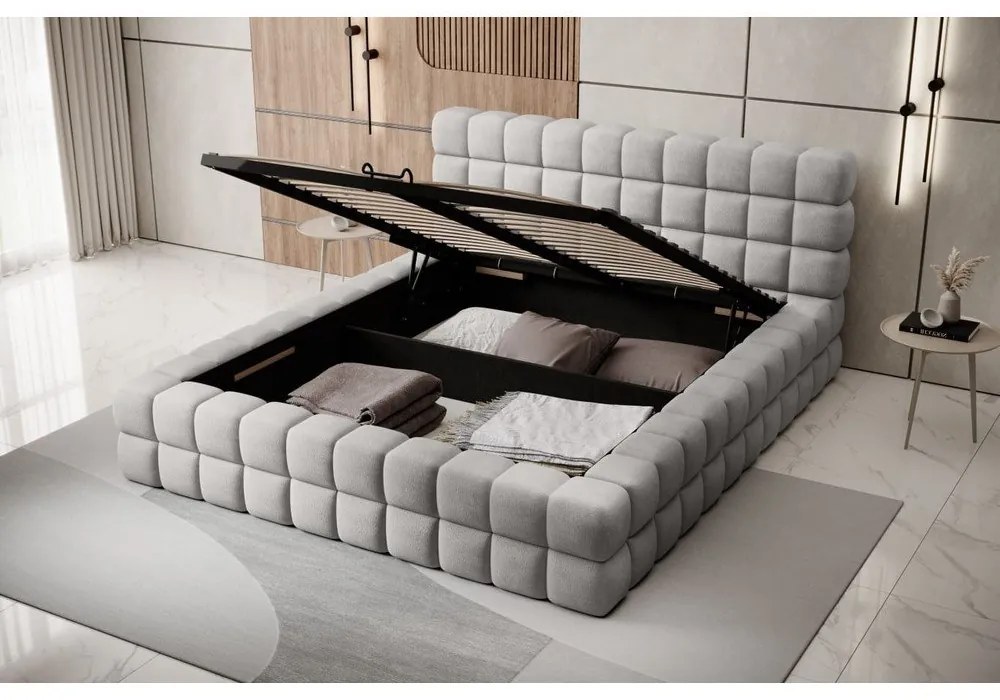 Szürke kárpitozott ágyneműtartós franciaágy ágyráccsal 160x200 cm Dizzle – ELTAP