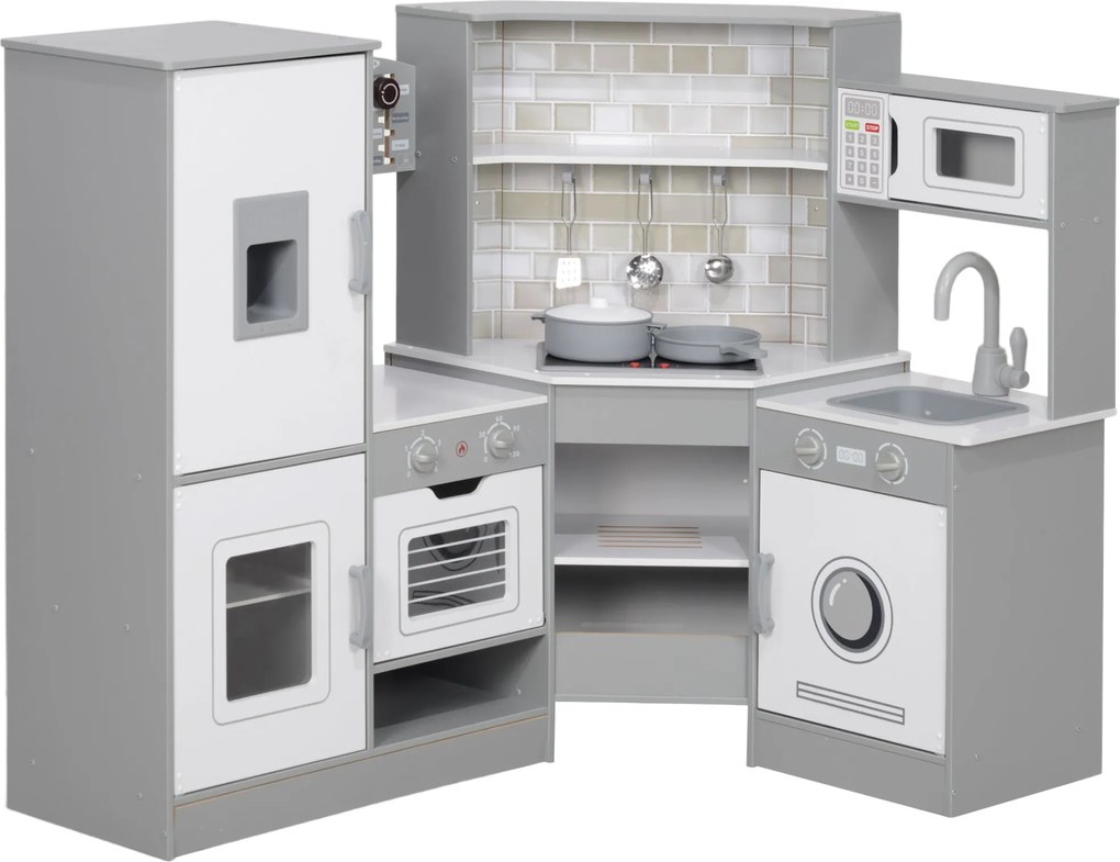 AIYAPLAY Gyerek Fa Játék Konyha +3 Év Mese Konyha Hanggal, Tűzhellyel, Sütővel, Csapteleppel, Mosogatóval, Mikrohullámú Sütővel és Kiegészítőkkel Szür