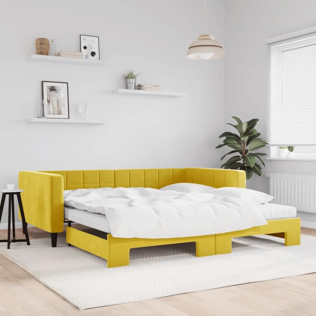sárga kihúzható bársony heverő matraccal 100 x 200 cm