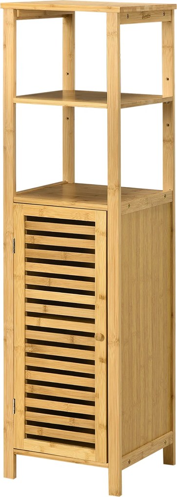 kleankin Fürdőszobai Szekrény Ajtóval, Két Nyitott Polccal, Bambuszból, Magas Szekrény Fürdőszobába és Nappaliba, kb. 33 x 30 x 120 cm Természetes Fa