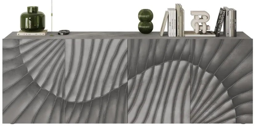 SNAKE négyajtós komód, betonhatású laminált testtel és szürke, díszített mintázatú előlapokkal