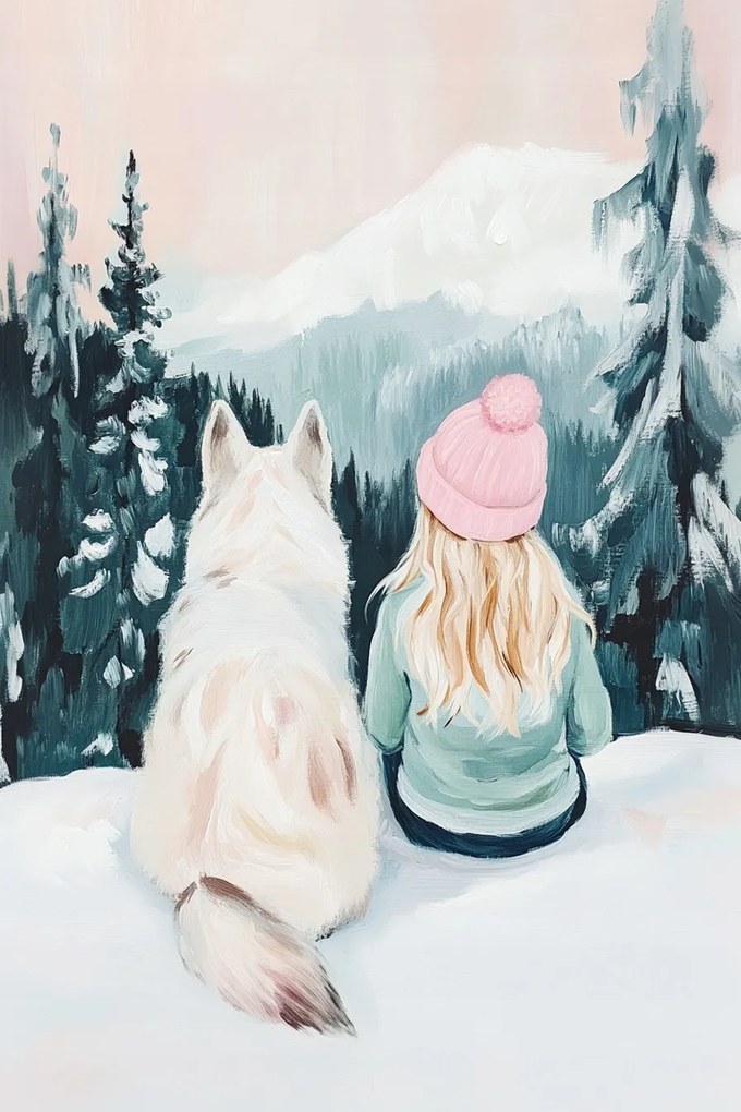 Vászonkép Canvas Lány Kutya Tél Hegyek Hó Barátság 80x120