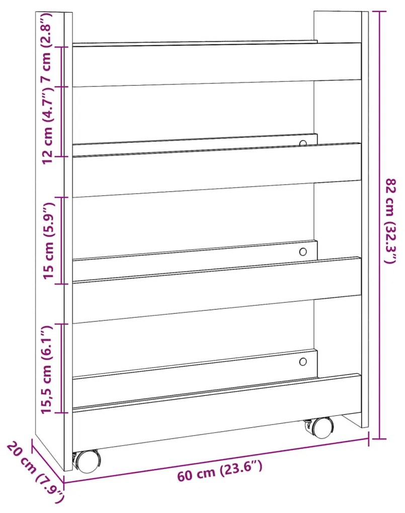 4 szintes antik fa színű szerelt fa keskeny tárolókocsi