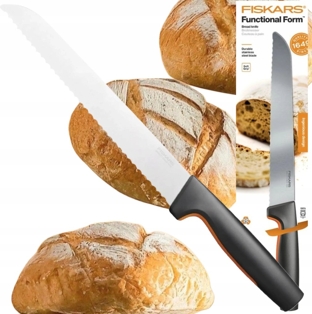 Fiskars Hosszú, Éles Kés Kenyérhez, Süteményhez, Rozsdamentes Acél, Prémium Minőség, 21 CM