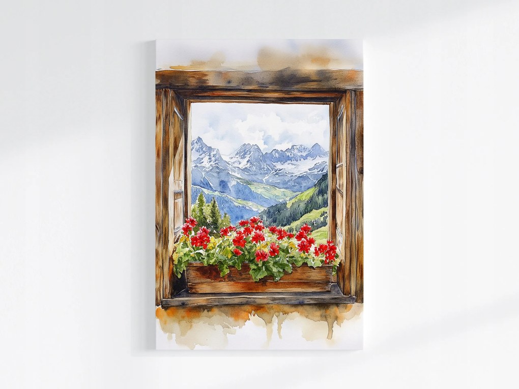 Poszter Ablak Kilátás Hegyek Alpok Hó Virágok Muskátli 80x120