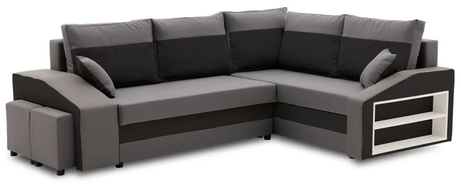 Grande sarokkanapé polcokkal és puffokkal , polc a jobb karfaban puffok a bal karfaban, jobboldali, szövet anyag, hab töltet, szürke - fekete