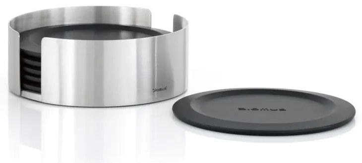 Fekete-ezüstszínű szilikon poháralátét szett állvánnyal 6 db-os Lareto – Blomus