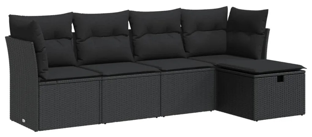 5 részes fekete polyrattan kerti kanapészett párnákkal