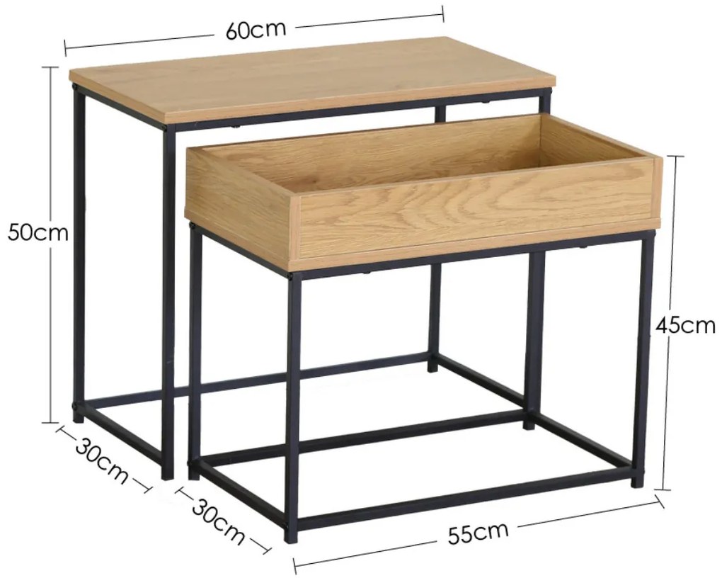Intenso Home 2 részes dohányzóasztal szett / éjjeliszekrény 60 x 30cm (Aranytölgy) | Masszív fém váz, praktikus fiók