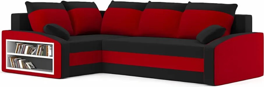 Grande sarokkanapé polcokkal , polc a bal karfaban, baloldali, szövet anyag, bonell töltet, fekete - piros