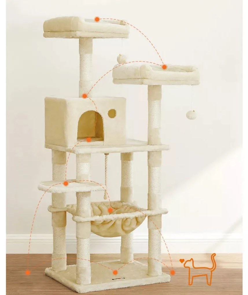 Macska kaparófa, cicaházzal, plüss pihenőhelyekkel, bézs 143x55x45cm
