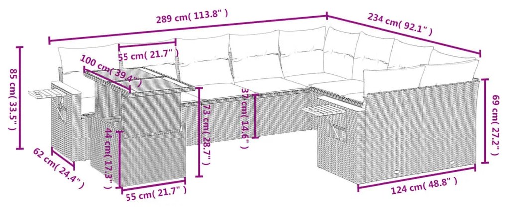 10 részes bézs polyrattan kerti ülőgarnitúra párnával