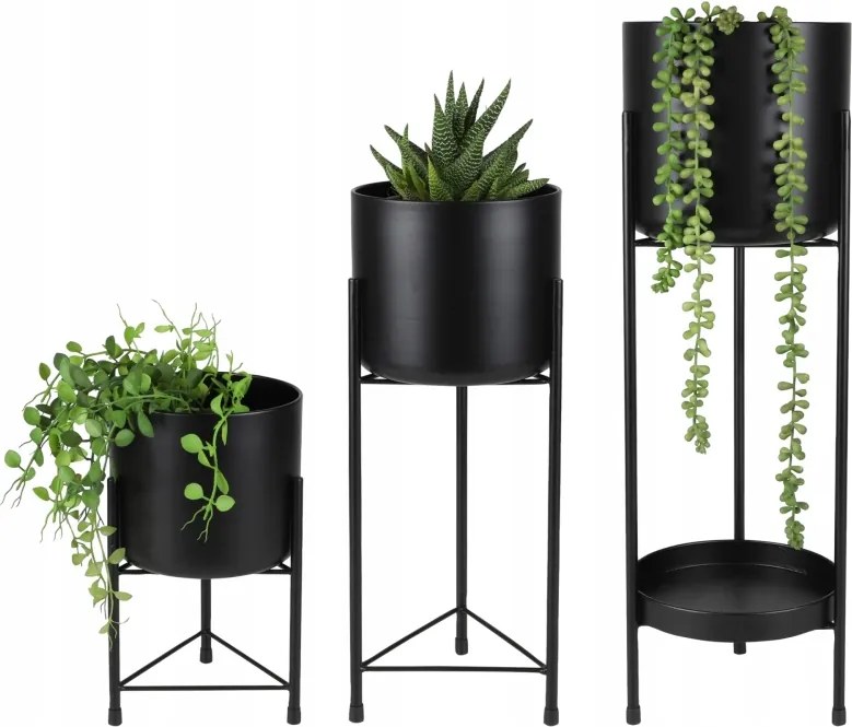 Virágtartó állvány 3 db, fém, fekete