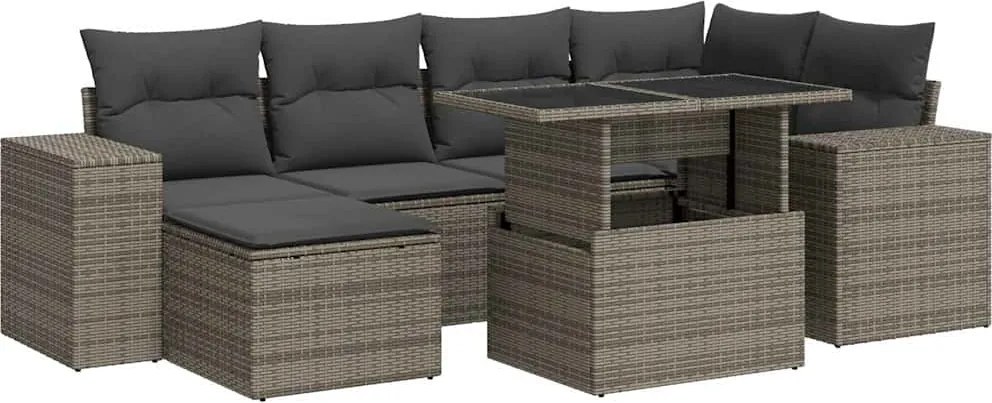 vidaXL 7 részes szürke polyrattan kerti ülőgarnitúra párnákkal