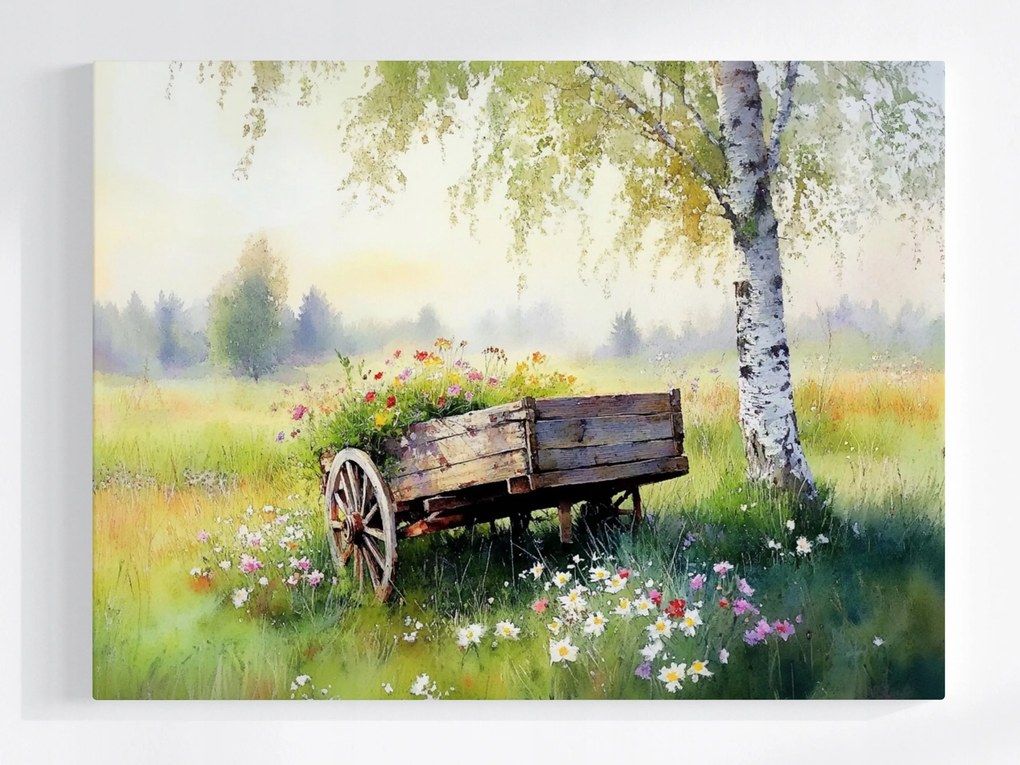 Poszter Tájkép Nyírfa Fa Kocsi Virágok 100x75