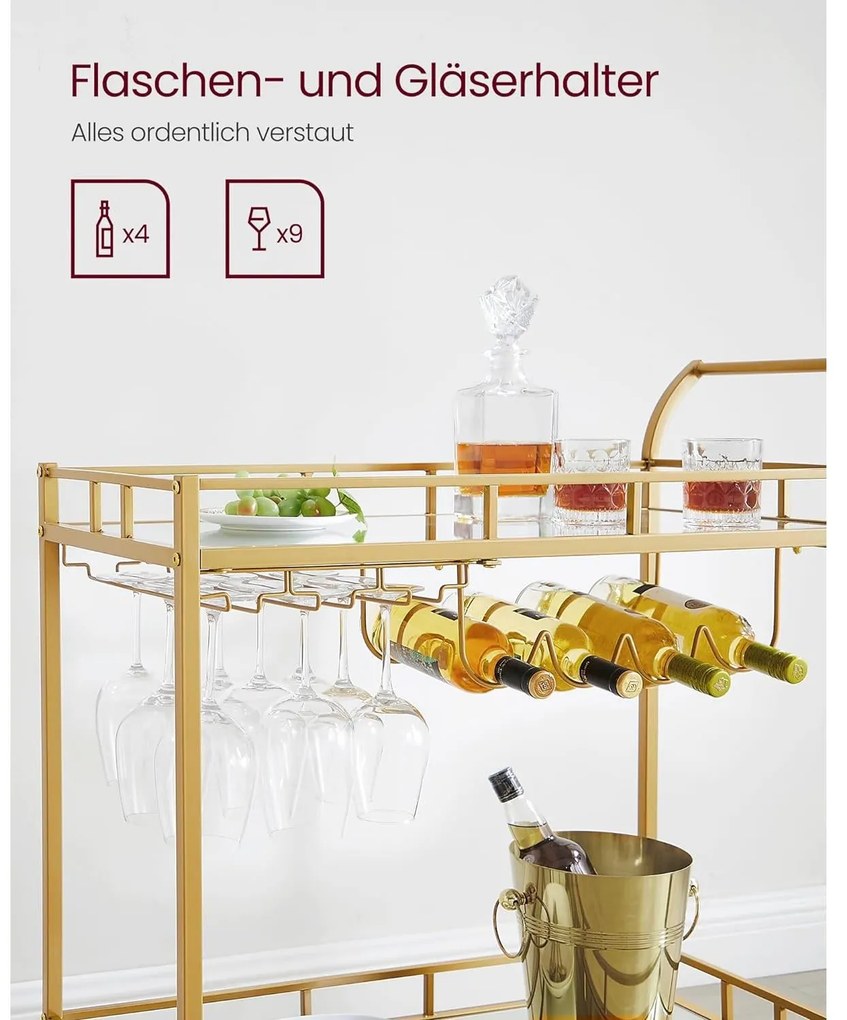 Zsúrkocsi, felszolgáló kocsi tükrös polccal 80 x 77,5 x 38 cm, arany