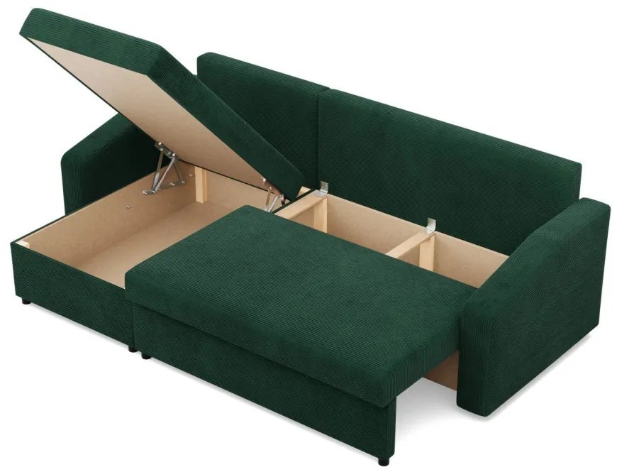 Zeus sarokkanapé, 2 ágyneműtartóval, döntött kartámasz, kordbársony, univerzális oldal, hab töltet, zöld