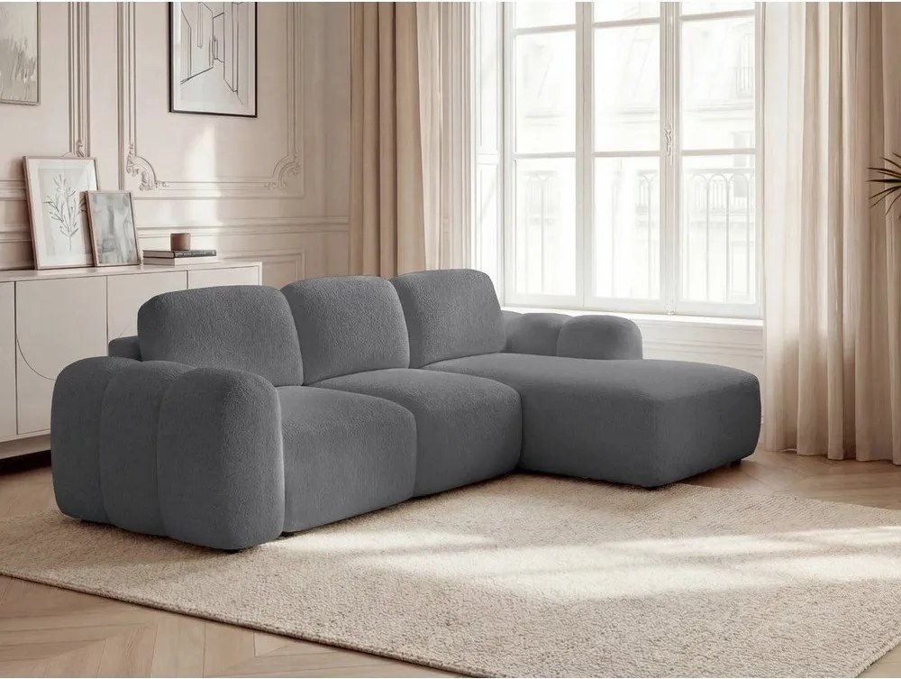Szürke buklé kinyitható-tárolóhelyes sarokkanapé (jobb oldali-heverő résszel) Montaigne – Bobochic Paris