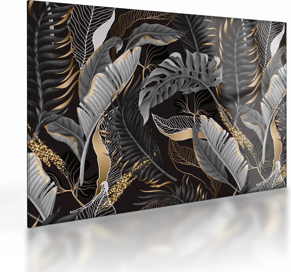 Kép - Trópusi levelek fekete és arany színben (üvegen) (70x50 cm)