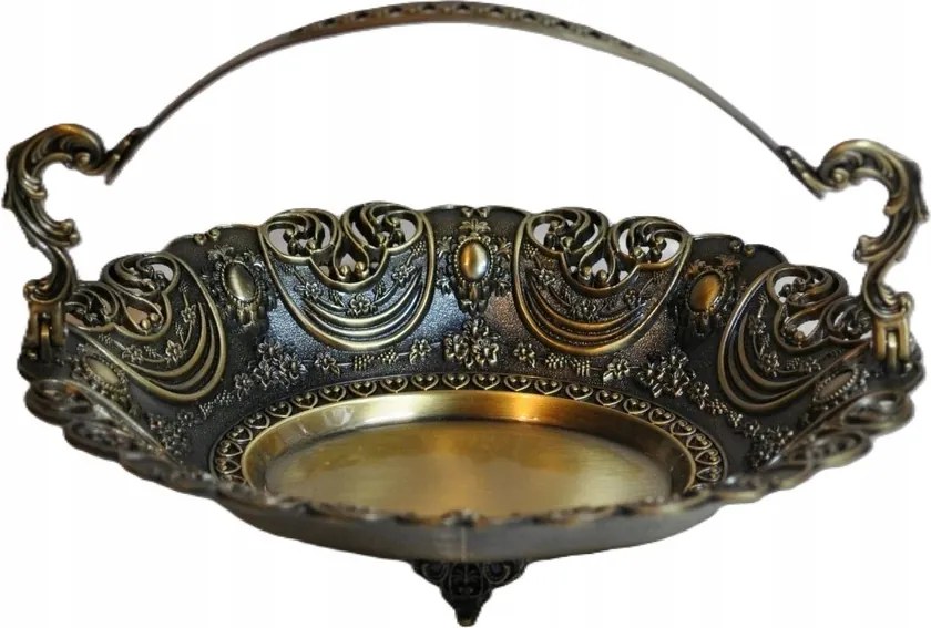 Retro stílusú fém dekorációs patera – dekoratív kosár fogantyúval