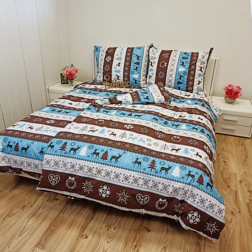 Pamut lepedők Karácsonyi lepedők Rénszarvas türkiz TiaHome - 1x Párna 90x70cm, 1x Paplan 140x200cm