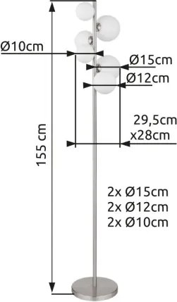 Globo 56140-6S Állólámpa fém matt nikkel, fehérüveg, fekete PVC kábel, lábkapcsoló a kábelben, HxSzxM: 295x280x1550mm, kábelhossz 1800mm, üveg átmérő: 2x10cm, 2x12cm, 2x15 cm, 6x G9 LED 3.5W 350lm forrás, 310lm kimenet, 3000K