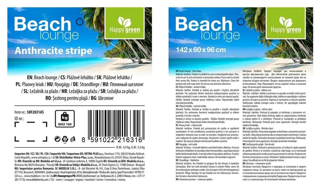 Happy Green Strandliege anthrazit, 142 x 60 x 96cm