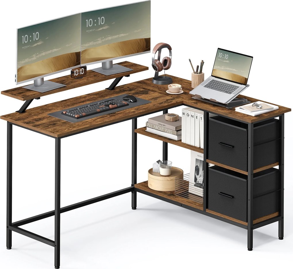 L-alakú íróasztal 2 tágas fiókkal, állítható tárolópolccal, 105x135x89,5 cm, rusztikus barna