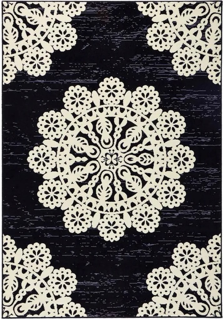 Modern krémfekete nappali szőnyeg,puha haj mandala minta 160x230