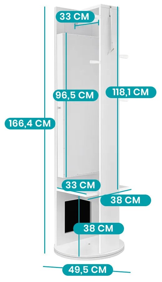 Körbeforgatható ékszerszekrény teljes alakos tükörrel és kabát tartóval