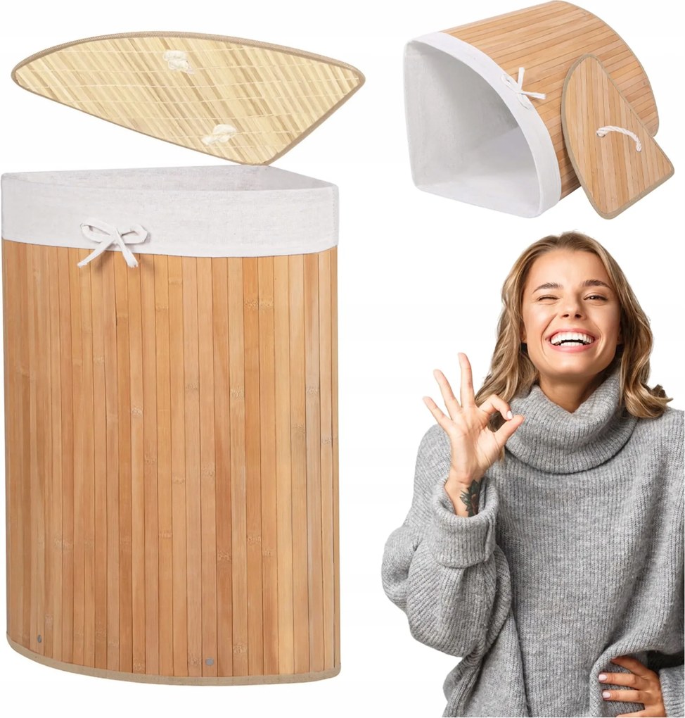 Bambusz Szennyestartó Kosár Sarok Fedéllel Nagy 80L