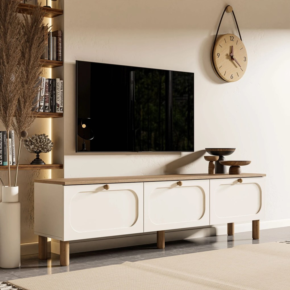 Modern TV-állvány tárolóval – fehér/tölgy TV-szekrény MDF membrán ajtókkal 180 cm