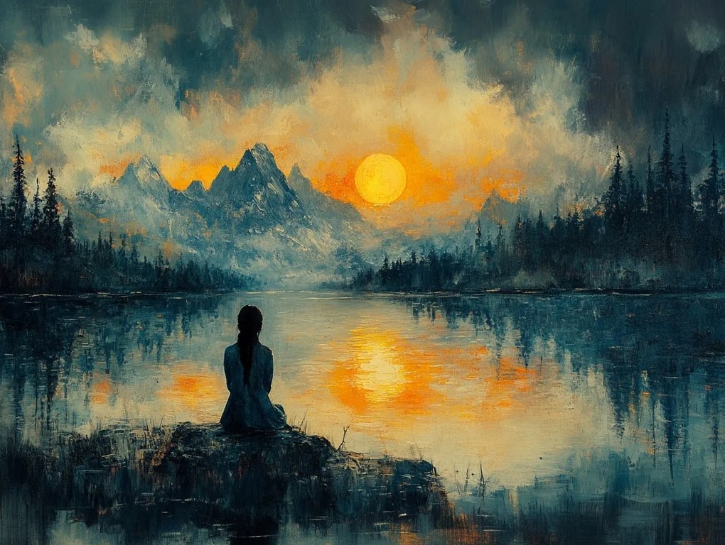 Vászonkép Canvas Tájkép Hegyek Tó Nap Figura Meditáció 80x60